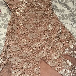 Elegant Long Sleeve Lace Dress - Metallic Rose